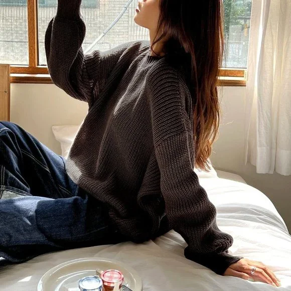 Brown Boho Womens Eyelet Detail Ribbed Knit Drop Shoulder Sweater - Picture 5 of 5